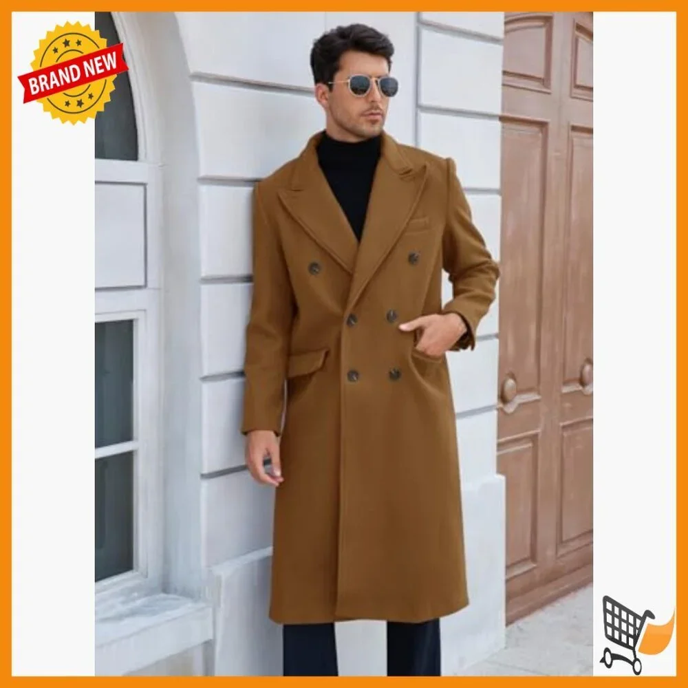 Men's Wool Blend Trench Coat Double Breasted Peacoat Winter Overcoat